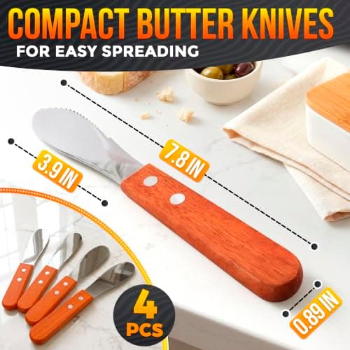 Butter Spreader Knife Set of 4 with Wood Handle - Butter Knives for Cream Cheese, Jam, Jelly, Cheese Board, Charcuterie, Bagel, Sandwich, Toast - 4 Inch Stainless Steel Wide Blade, Hand Wash Only - Thumbnail 2