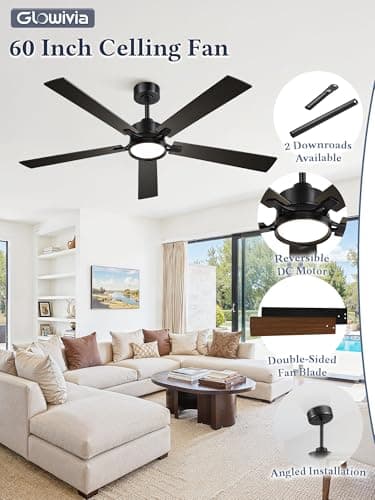 Glowivia 60 Inch Ceiling Fan with Lights and Remote, Smart APP Control, Dimmable with All-Setting Memory, Quiet DC Motor Reversible Blades, Damp Rated Modern Ceiling Fan for Bedroom Patio Living Room - Thumbnail 5