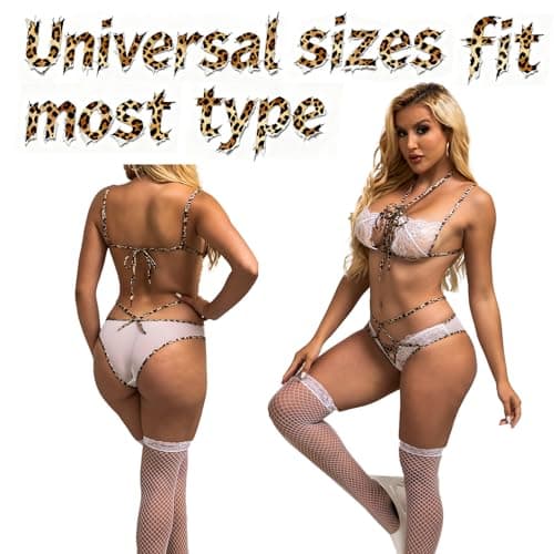 424 Sexy Lingerie Set for Women Leopard Print & Lace Crothless Bodysuit Panty 3-Piece Set Teddy Nightwear with Fishnet Stockings (One Size Fits Most) - Thumbnail 5