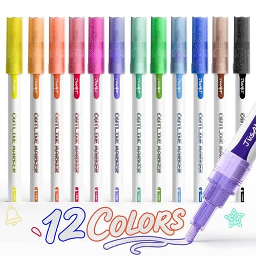 JusArt Outline Sparkle Markers, 12 Metallic Shimmer Pens for Adult Coloring, Cool Fun Drawing Supplies for valentines day, Easter, Christmas, Halloween - Image 1