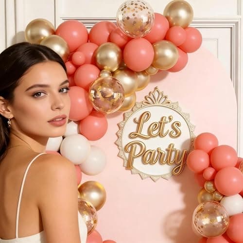 Coral Red White Gold Balloon Garland Arch Kit, 160Pcs Coral Red White Gold Latex Balloons with Confetti Balloons for Mother's Day Wedding Anniversary Birthday Shower Party Decorations - Thumbnail 3