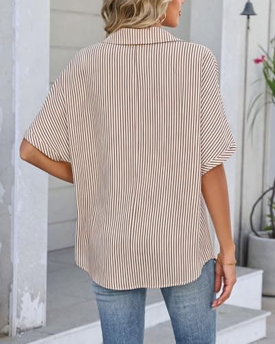 IEEILULU Women Striped Collared Shirt Casual Short Sleeve V Neck Blouse Tops Loose Fit Business Work Dressy Shirts Brown Striped S - Thumbnail 4