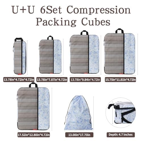 U+U 6 Set Compression Packing Cubes - Ultralight Travel Organizers with Laundry Bag, Space-Saving Suitcase Organizer for Travel, Business Trip and Family Vacation (Blue Flower) - Thumbnail 5