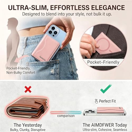 AIMDFWER Magsafe Wallet Women with 7 Credit Card Holders&ID Window, Strong Magnet Minimalist RFID Blocking Sleeves for MagSafe Phones and Cases, Compatible with iPhone 12/13/14/15/16/17 Series(Pink) - Thumbnail 3