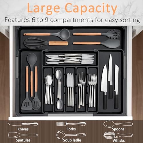 Spaclear Silverware Organizer Expandable Kitchen Utensil Drawer Organizer Large BPA Free Adjustable Cutlery Silverware Tray for Spoons Forks Knives Storage Divider for Kitchen Flatware 6-9 Slots Black - Thumbnail 3