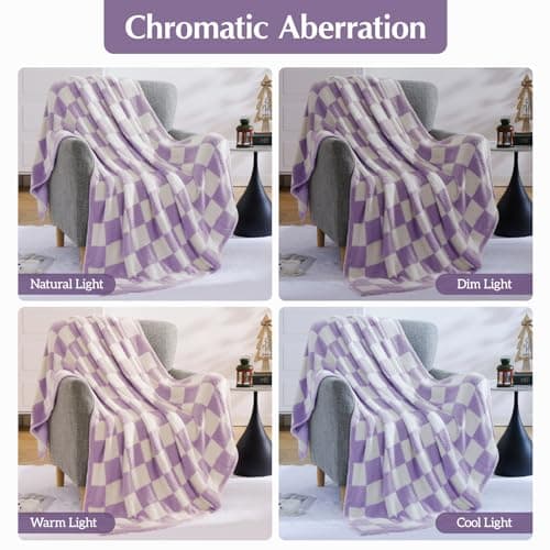 WRENSONGE Checkered Throw Blanket, Purple Soft Cozy Fluffy Warm Hand Made Throw Blankets for Couch, Sofa, Chair, Bed, Camping, Picnic, Travel Lightweight Bed Blanket - 60"*80" - Thumbnail 5