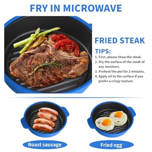 Microwave Grill Pan, Fry Griddle Crisper Pan with Lid for Grilling Browning and Crisping Foods Microwave Silicone Cookware for Baked Potato Meat Sandwich Vegetable Blue - Thumbnail 4
