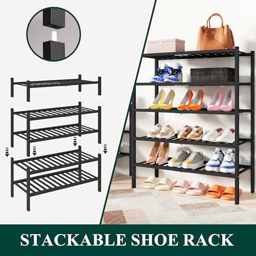 Smiry Shoe Rack, 5 Tier Thick Bamboo Shoe Organizer, Stackable Free Standing Wooden Shoe Storage Shelf for Closet, Entryway, Front Door Entrance, Black - Thumbnail 4