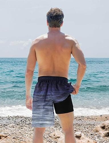 westwolf Men's Board Shorts Black Mens Swimming Trunks with Compression Liner 9 Inch Surfing Beach Shorts Liner Swim Suits Board Shorts Black Swimming Trunks for Holiday L - Thumbnail 3