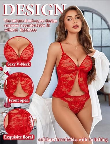 Avidlove Women Lingerie V Neck Pjs Sets for Women Red Pajamas Flyaway Cami and Panty Sleepwear Red XL - Thumbnail 3