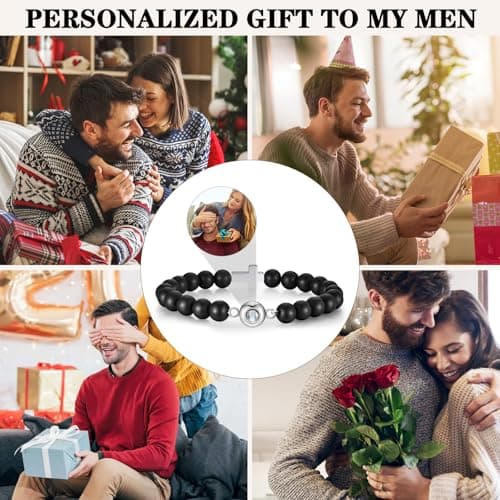 Gamtic Personalized Photo Projection Bracelet for Men,Custom Picture Bracelet Black Beaded Cross Bracelet, Meaningful Gift for Him Dad Husband Boyfriend Son - Thumbnail 3
