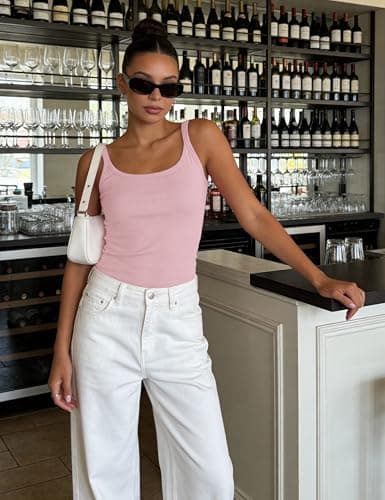 Totatuit Women Basic Ribbed Tank Top Sexy Spaghetti Strap Camisole Cami Slim Fitted Sleeveless Summer Shirts for Teen Girls Cute Scoop Neck Yoga Gym Workout Tanks Pink Medium - Thumbnail 4