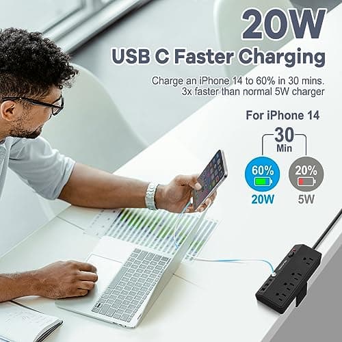Desk Clamp Power Strip - 20W USB C Fast Charging Station - Desk Power Strip Flat Plug Extension Cord 10FT with 4 USB Ports + 4 Outlets - Desktop Mount Surge Protector - Fit 1.8" Tabletop Edge - Thumbnail 3