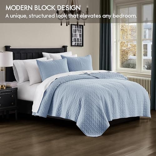 palassio Baby Blue 100% Cotton Quilt California Cal King Size Bedding Sets with 2 Pillow Shams, Textured Oversized Lightweight Bedspread Shabby Chic Coverlet, Soft Bed Cover for All Season, 3 Pieces - Thumbnail 2