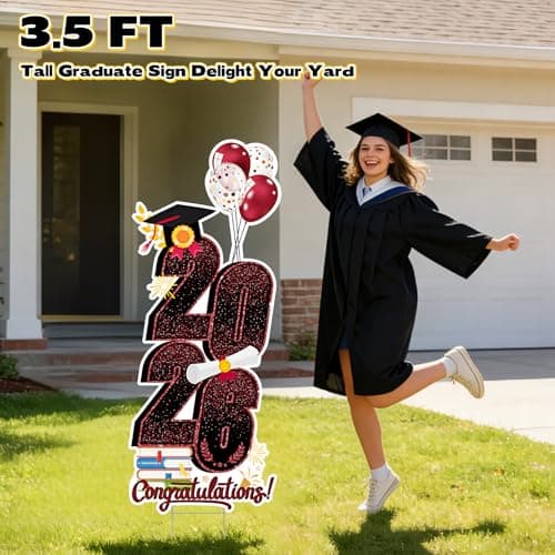 2026 Graduation Decorations Yard Sign, 3.5 FT Tall Class of 2026 Congrats Grad Yard Sign with Stakes for Outdoor Indoor Graduation Party Garden Lawn Decoration Supplies(Wine Red) - Thumbnail 4