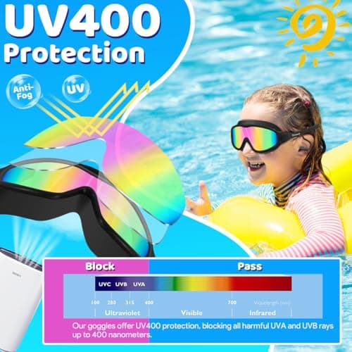 Vvinca Swim Goggles, Kids Goggles with Earplugs& Nose Clip Wide View Anti-Fog/UV Swimming Goggles for Age 3-15 Boys Girls - Thumbnail 6
