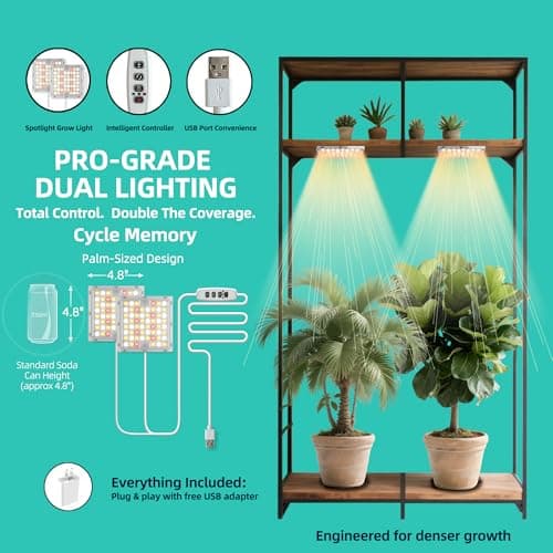 Dual Head LED Grow Light for Indoor Plants, Full Spectrum Under Cabinet Plant Light for Shelves, High PPFD Spotlight Puck with Timer & Dimmer, Stick-On Lamp for Succulents, Plant Stands & Wide Cabinet - Thumbnail 2