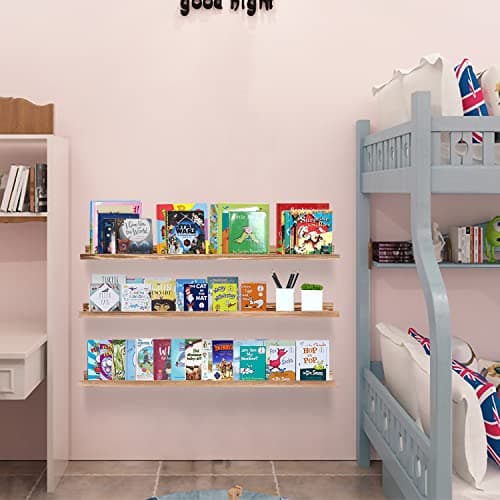 AZSKY Floating Picture Ledge Shelf | 48" Rustic Wood Wall Shelves Set of 3 | Photo Frame Display | Nursery Book Organizer for Bathroom, Bedroom, Living Room, Kitchen | Easy Install | Burnt Brown - Thumbnail 5