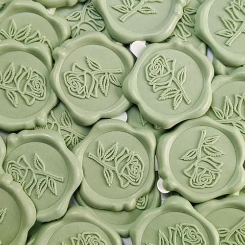 Pilloze 50 Pcs Adhesive Green Rose Wax Seal Stickers, Adhesive and Easy to Use Green Rose Envelope Stickers, Rose Seal for Wedding Invitation or Envelopes, Scrapbooking