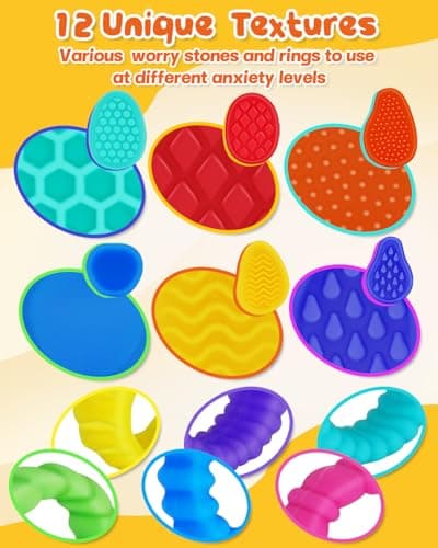 Fidget Sensory Stone Toys for Kids & Adults, 12 Pack Soft Textured Worry Stone & Ring, Calming Tools for Autism ADHD Anxiety Relief, Quiet Stress Relief Toy, Party Favor or Basket Stuffer Gift - Thumbnail 6