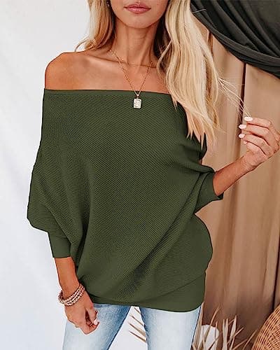 Zenlonr Women's Fall Winter Sweaters 2026 Casual Long Batwing Sleeve Loose Off Shoulder Knit Pullovers Jumper Tops(Army Green,Small) - Thumbnail 4