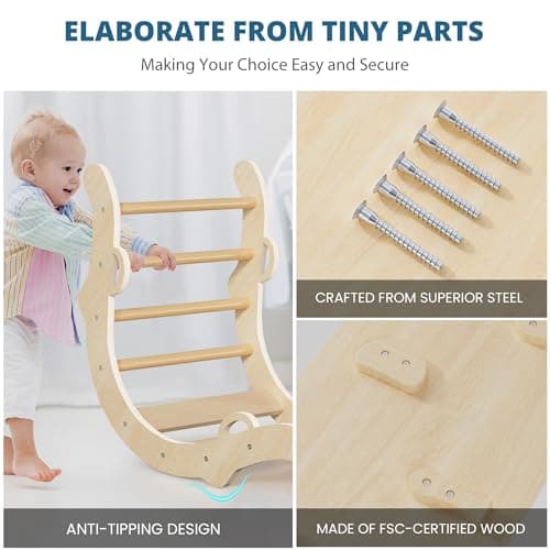 BlueWood Pikler Triangle Set, Toddler Wooden Climbing Toys Indoor 7in1 Climber, Foldable Kids Climbing Toys, Montessori Play Jungle Gym with Arch, Ramp, Ladder (Natural) - Thumbnail 6