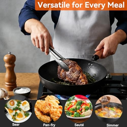 WANGYUANJI 11" Iron Skillet with Glass Lid & Griddle Spatula, Flat-Bottom Frying Pan, Uncoated & Unseasoned, Induction/Gas/Electric Compatible, Wooden Handle (Seasoning Required) - Thumbnail 4