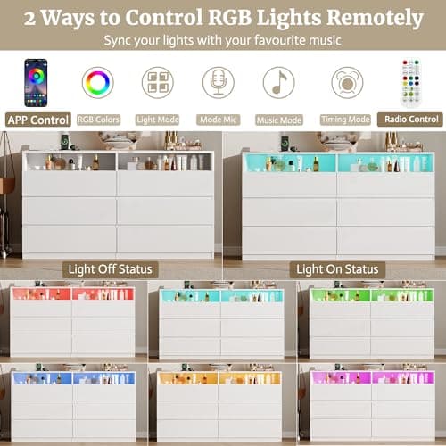 6 Drawer Dresser for Bedroom, White Dresser with LED Lights, Power Outlet, Modern Wood Chest of Drawers for Closet, Double Wide Drawer Organizer Cabinet for Bedroom, Living Room, Entryway, Hallway - Thumbnail 3