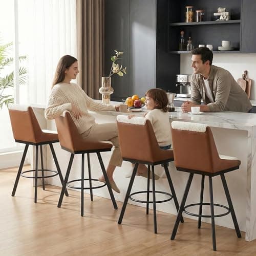 Ollega Bar Stools Set of 4, 26" Counter Height Bar Stools, Upholstered Swivel Barstools with Backs, Loop Yarn Fabric&Pu Leather, Metal Legs for Kitchen Island, Beige&Brown - Image 1