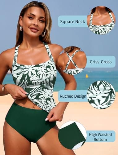 ZAFUL Tankini Swimsuits for Women 2025 Tummy Control Bathing Suits Two Piece Tankini Sets Ruched Tankini Tops Swimwear Green Floral S - Thumbnail 4