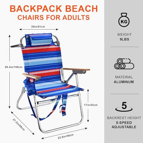 Backpack Beach Chairs for Adults Capacity 300 LBS high 5 Position Beach Chair with Pouch Straps Folding Lightweight Reclining Aluminum Wide Lay Flat Single - Thumbnail 3