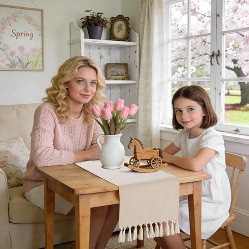 yuboo 36 Inches Boho Nightstand Dresser Cover Top for Bedroom, Short Cream Small Farmhouse Coffee Table Runner , Rustic Table Cover for Bedside Table, End Table, Nightstands, TV, Spring Table Decor - Thumbnail 3