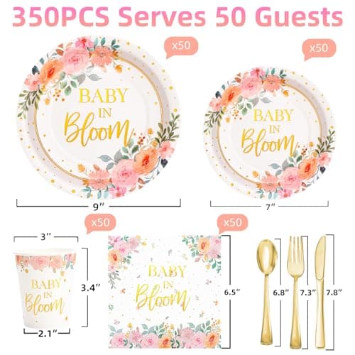 Gudvilla 350 Pcs Baby in Bloom Baby Shower Decorations for Girl, Its a Girl Baby Shower Plates and Cups and Napkins Sets, Pink Floral Baby in Bloom Plates and Napkins Sets, Serves 50 - Thumbnail 2