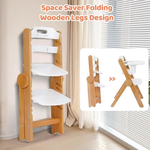 Ezebaby Foldable Wooden High Chair, No-Tools Adjustable Baby High Chair for Toddlers to Adult, Space-Saving Space Highchairs with Double Tray & Washable Cushion (Modern White) - Thumbnail 6