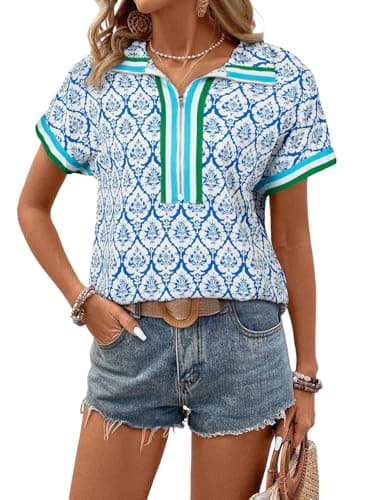 SHEWIN Women Summer Shirts Trendy Casual Dressy Tops Spring Work Business Blouses Fall Fashion Half Zip Outfits Boho Bohemian 2026 Clothes Size S，Blue - Image 1