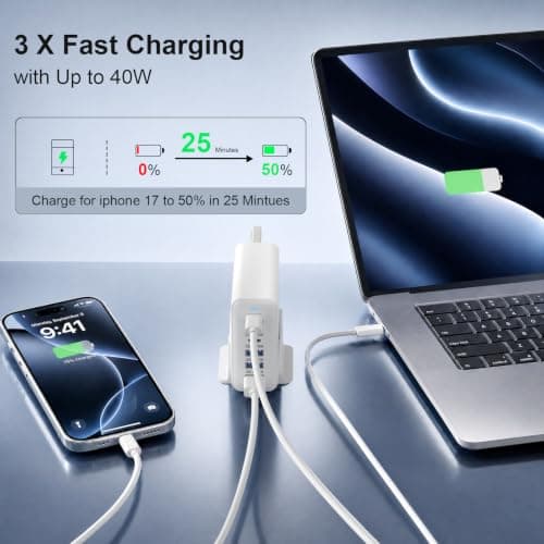 165W GaN USB C Charging Station, 6-Port Desktop Charger [3 USB-C PD + 3 USB-A], Multi-Device Fast Charger with 5 ft Cord for iPad iPhone 17/16/15, Samsung Galaxy, Tablets, Home Office Travel White - Thumbnail 3