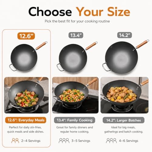 WANGYUANJI 12.6 Inch Carbon Steel Wok with Lid, Flat Bottom Wok Pan for Induction, Electric and Gas Stoves, Uncoated Chinese Stir Fry Pan with Wooden Handle - Thumbnail 4