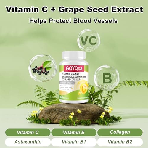 GQYQca Premium Vitamin C+ E, NAD, Astaxanthin and Collagen Capsules,scientifically formulated,enhances Immunity,removes Free radicals, maintains Healthy Anti-Aging, Gluten-Free, 60 Capsules - Thumbnail 4