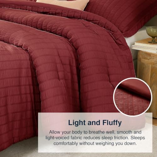 Quataly Queen Comforter Set Dark Red,3PCS Seersucker Lightweight Bedding Comforter for All Season, Queen Size(90''×90'' Comforter & 2 Pillowcases) - Thumbnail 5