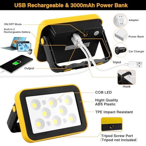 AUMIO 2-Pack Rechargeable Work Lights, COB Outdoor Portable LED Flood Light, Battery Operated Work Lights with Stand, Waterproof Working Light for Job Site Garage Camping Car Repair - Thumbnail 5