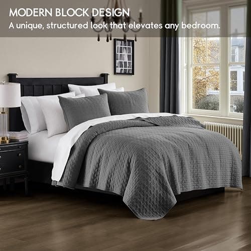 palassio Dark Grey 100% Cotton Quilt King Size Bedding Sets with 2 Pillow Shams, Textured Lightweight Soft Bedspread Shabby Chic Coverlet, Quilted Comforter Bed Cover for All Season, 3 Pieces - Thumbnail 3