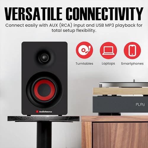 Audiosource Bluetooth 2-Way Bookshelf Speakers, 30W RMS Powered Desktop Speakers/Woofer, Rear Bass Port, AUX & USB MP3 Playback, Multipoint Pairing, Wood Cabinet – Hi-Fi PC Gaming & Music System - Thumbnail 4