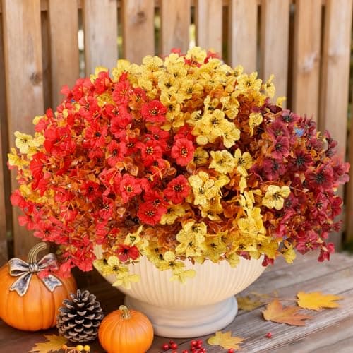 Enlightcode Artificial Fall Flowers for Outdoors, Artificial Mums of Fake Flowers for Outdoor Planters, No Fade Vibrant Artificial Flowers for Porch Patio Yard Decoration, 12 Bundles