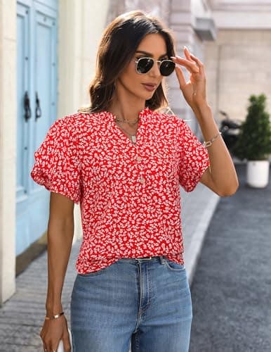 LOOKBOHO Womens Casual Red Tops Ruffle Short Sleeve V Neck Floral Blouses Fashion Summer Chiffon Office Shirts Red L - Thumbnail 2
