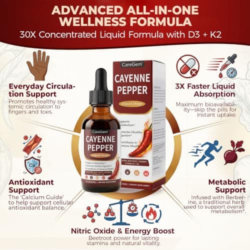 CareGem Cayenne Pepper Drops with Vitamin D3 K2 MK-7-30:1 Organic Beetroot & Hawthorn - Advanced Circulation & Blood Flow Support - Berberine, Turmeric, Panax Ginseng - 2 Fl Oz - Thumbnail 3