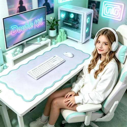Yuboo Teal Scalloped Desk Mat for Women, 31"x15.7" Cute Waterproof Washable Non Slip Large Keyboard Mouse Pad, Cottagecore Aesthetic Desktop Pad for Gaming Office Dorm Desk Decor - Thumbnail 4