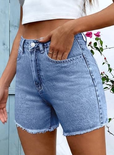 Pink Queen High Waisted Denim Shorts for Women 2026 Casual Star/Bow Frayed Hem Summer Hot Short Jeans with Pockets Light Blue XL - Thumbnail 4