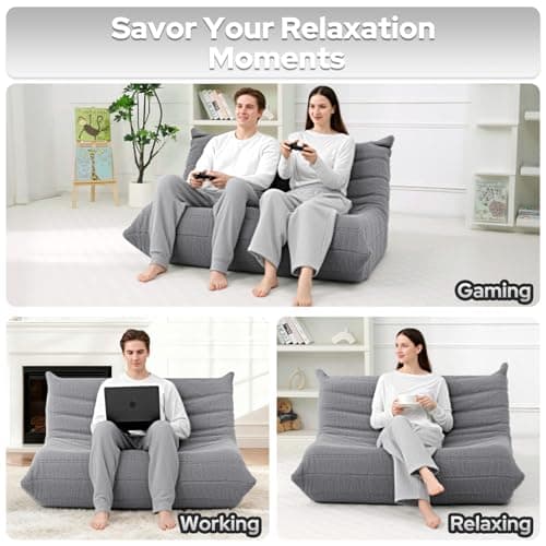 HABUTWAY Bean Bag Chairs Fireside Lazy Floor Sofa, Soft Teddy Fleece 2 Seater Sofa with High-Resilience Foam Filling，Beanbag for Living Room, Bedroom, Office (Light Gray Teddy) - Thumbnail 5