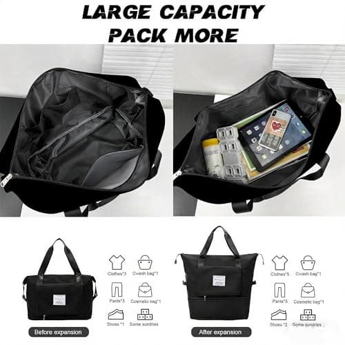 Large Capacity Foldable Travel Bag, Sports Shoulder Bag, Duffel Bag, Wet and Dry Separation, Waterproof Oxford Fabric, Black, Large - Thumbnail 3