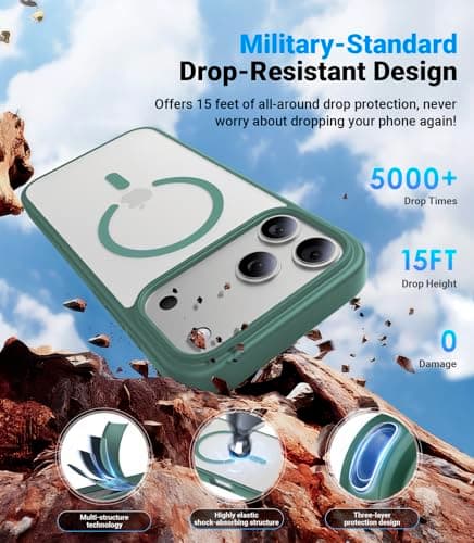 Shiiuou Magnetic for iPhone 17 Pro Case, [Anti-Slip] [Military-Grade Drop Protection] [Camera Protection] Skin-Friendly Slim Matte Shockproof Protective for iPhone 17 Pro Phone Case, Midnight Green - Thumbnail 2